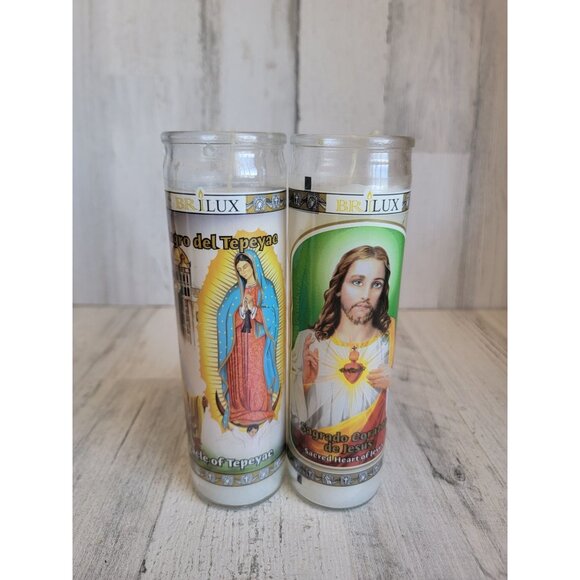 Religious Hail Mary Jesus candle tall set home decor - Picture 1 of 9